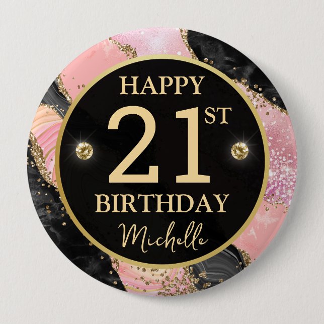 Pink Gold Agate Glitter Birthday Badge Button (Front)