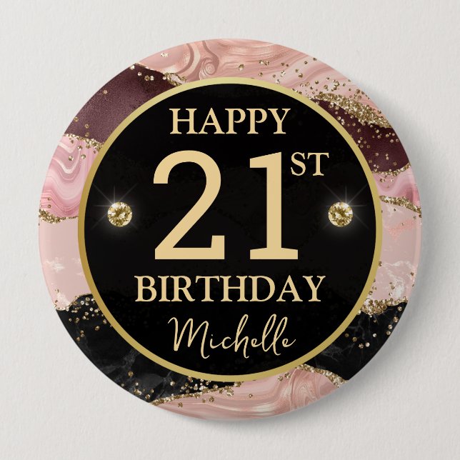 Pink Gold Agate Glitter Birthday Badge Button (Front)