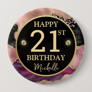 Pink Gold Agate Glitter Birthday Badge Button