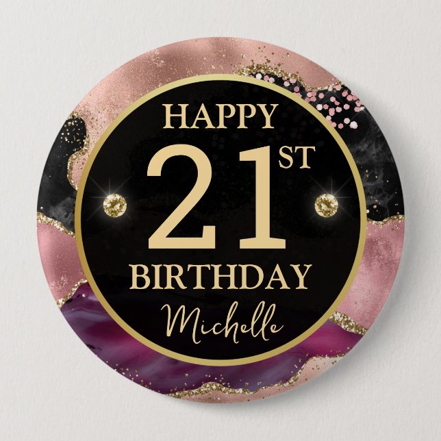 Pink Gold Agate Glitter Birthday Badge Button (Front)