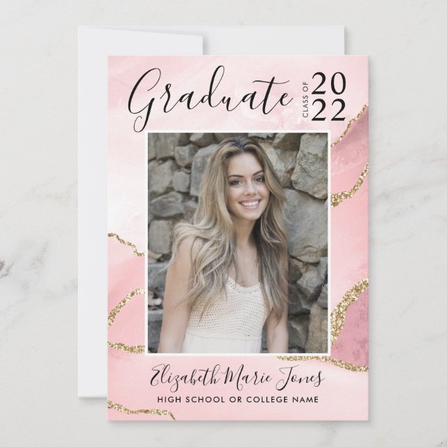 Pink Gold Agate Glitter Graduate Photo Graduation Announcement (Front)
