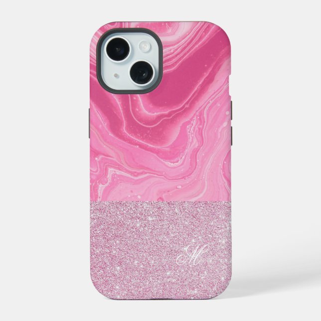 Pink Gold Agate Glitter Monogram Iphone Case (Back)
