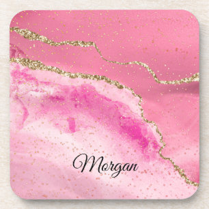 Pink & Gold Agate & Gold Stars, DIY Name Black Beverage Coaster