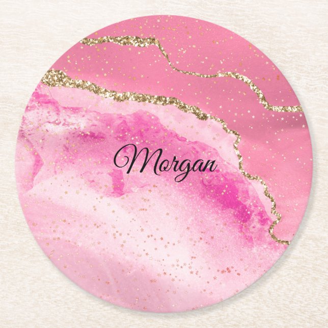 Pink & Gold Agate & Gold Stars, DIY Name Black Round Paper Coaster (Front)