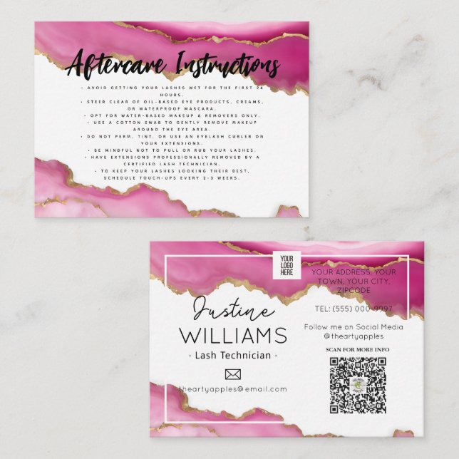 pink gold agate Lash Eyelash Extensions aftercare Business Card (Front/Back)