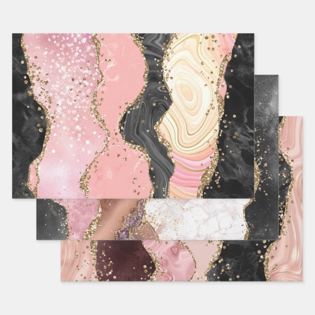 Pink Gold Agate Marble Glitter Abstract Design Wrapping Paper Sheets (Set)