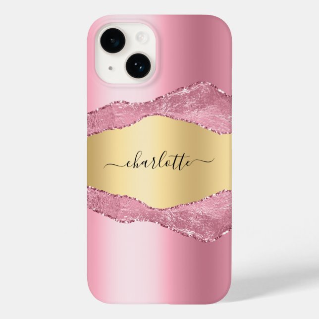 Pink gold agate marble name script Case-Mate iPhone case (Back)
