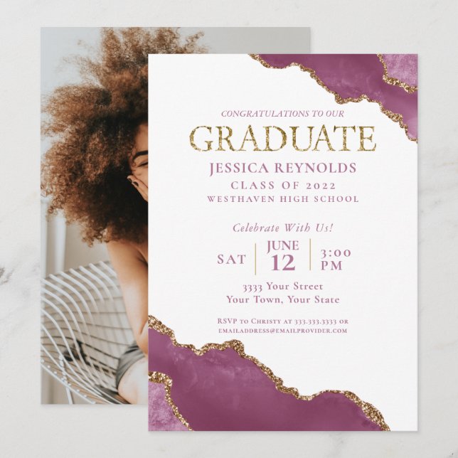 Pink Gold Agate Photo Graduation Party Invitation (Front/Back)