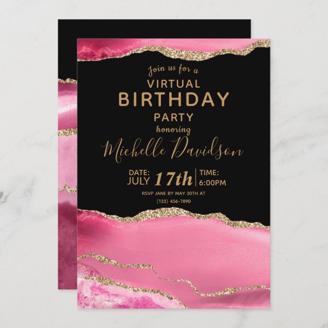 Pink & Gold Agate Virtual Birthday  Invitation (Front/Back)