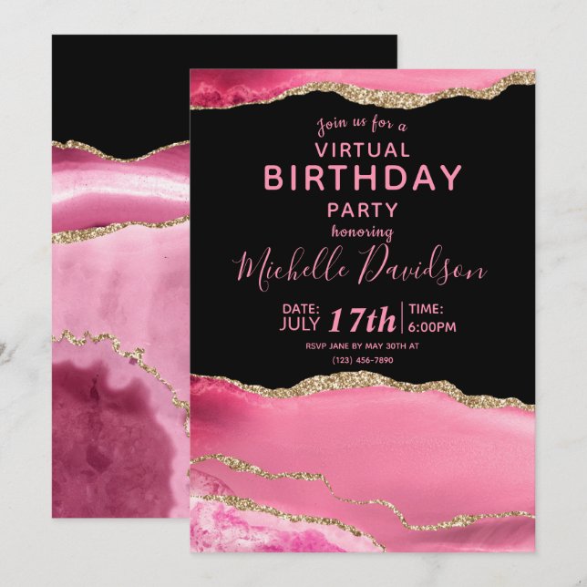 Pink & Gold Agate Virtual Birthday  Invitation (Front/Back)