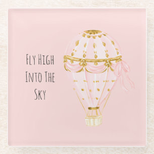 Pink Gold Air Balloon Fly High Glass Coaster