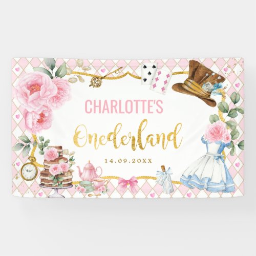 Pink Gold Alice in Onederland 1st Birthday Party Banner
