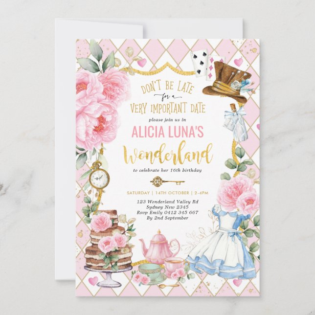 Pink Gold Alice in Wonderland Birthday Tea Party Invitation (Front)