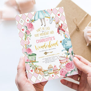 Pink Gold Alice in Wonderland Birthday Tea Party Invitation