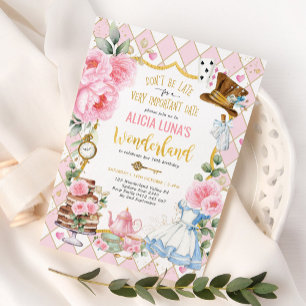 Pink Gold Alice in Wonderland Birthday Tea Party Invitation