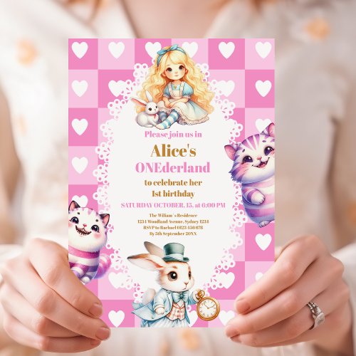 Pink Gold Alice in Wonderland Birthday Tea Party Invitation