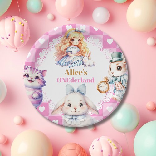 Pink Gold Alice in Wonderland Birthday Tea Party Paper Plates