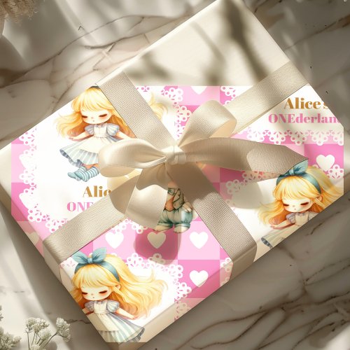 Pink Gold Alice in Wonderland Birthday Tea Party Wrapping Paper