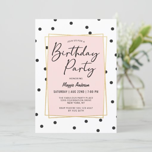 Pink Gold and Black Confetti Dots Birthday Party Invitation | Zazzle