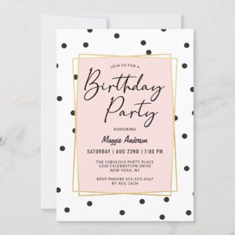 Pink Gold and Black Confetti Dots Birthday Party Invitation | Zazzle