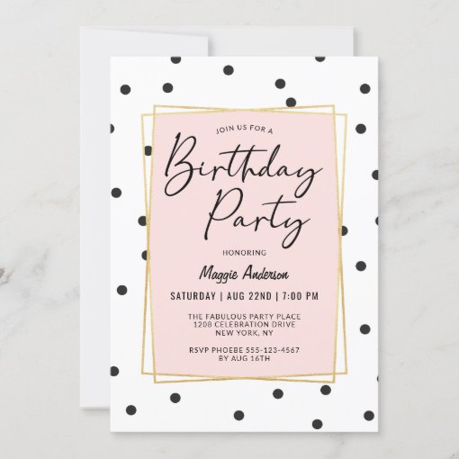 Pink Gold and Black Confetti Dots Birthday Party Invitation | Zazzle