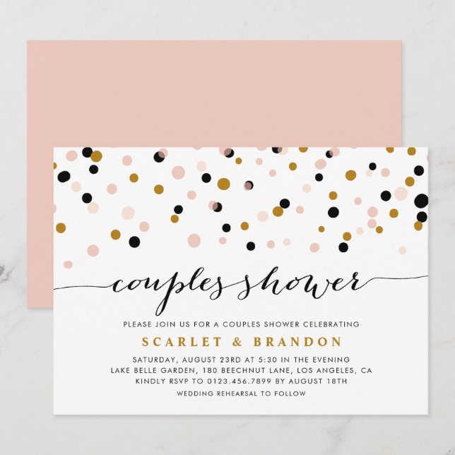 Pink, Gold and Black Confetti Dots Couples Shower Invitation (Front/Back)