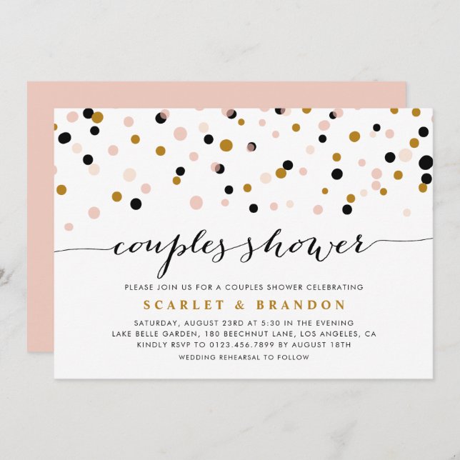 Pink, Gold and Black Confetti Dots Couples Shower Invitation (Front/Back)
