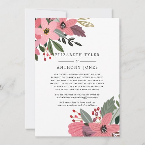 Pink Gold and Black Floral Reduced Wedding Guests Announcement
