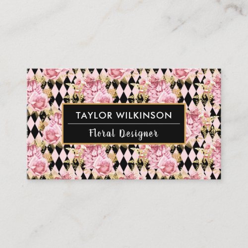 Pink Gold and Black Floral Roses with Diamonds Bu Business Card