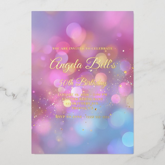 Pink Gold and Blue Bokeh 50th Birthday Foil Invitation (Front)