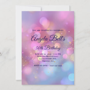 Pink Gold and Blue Bokeh 50th Birthday Invitation
