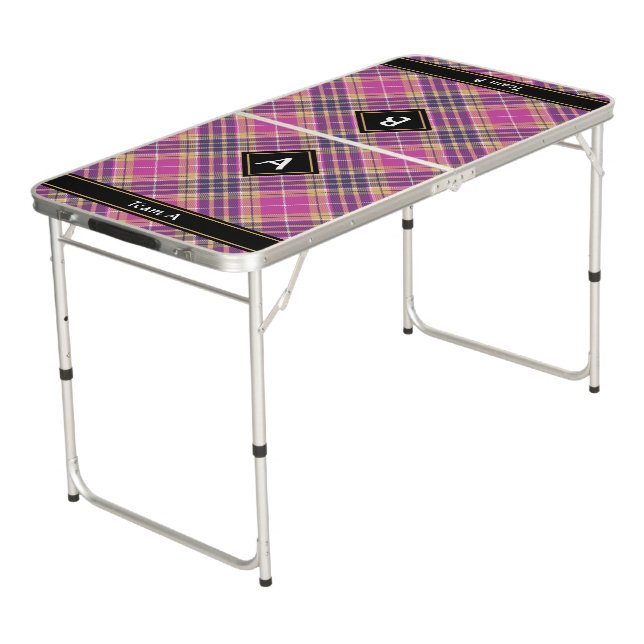 Pink, Gold and Blue Tartan Beer Pong Table (Angled)