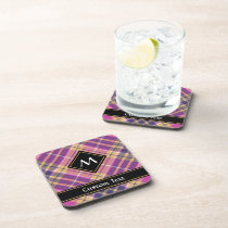 Pink, Gold and Blue Tartan Beverage Coaster