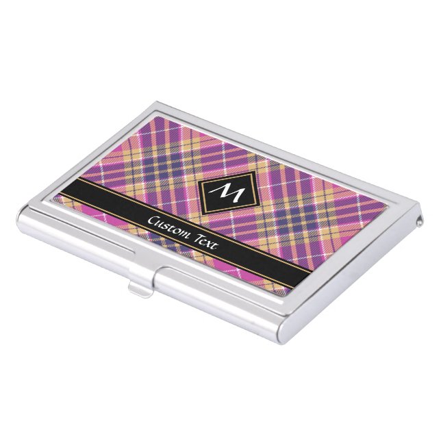 Pink, Gold and Blue Tartan Business Card Case (Front)