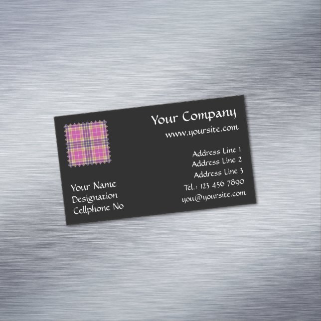 Pink, Gold and Blue Tartan Business Card Magnet (In Situ)
