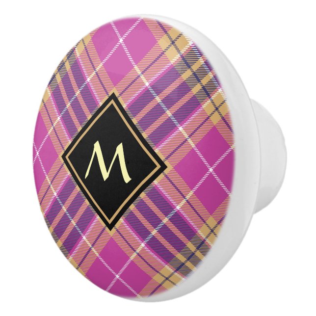 Pink, Gold and Blue Tartan Ceramic Knob (Right)