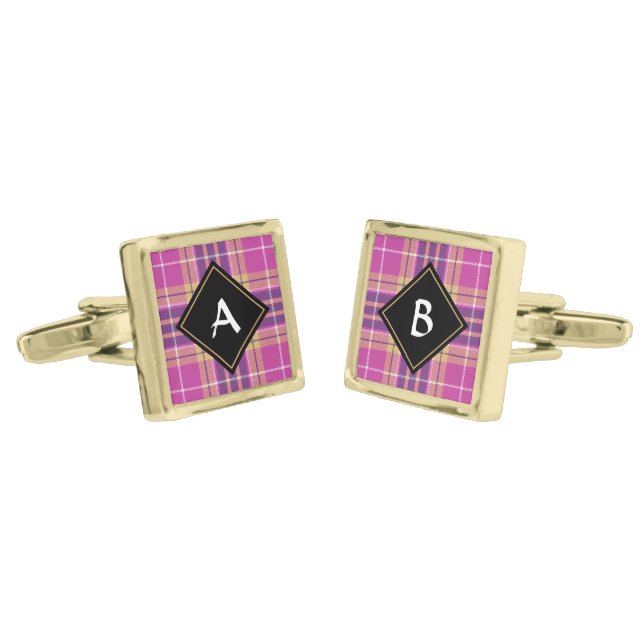 Pink, Gold and Blue Tartan Cufflinks (Angled)