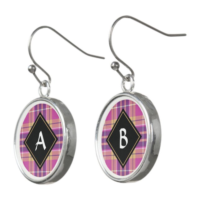 Pink, Gold and Blue Tartan Earrings (Angled)
