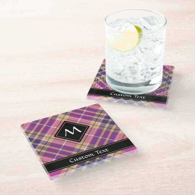Pink, Gold and Blue Tartan Glass Coaster (Angled)