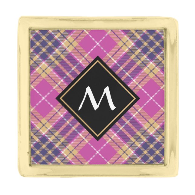 Pink, Gold and Blue Tartan Gold Finish Lapel Pin (Front)