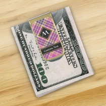 Pink, Gold and Blue Tartan Gold Finish Money Clip