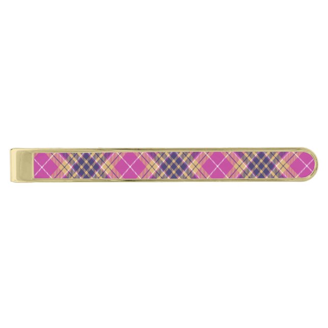 Pink, Gold and Blue Tartan Gold Finish Tie Bar (Front)