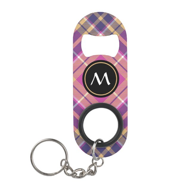 Pink, Gold and Blue Tartan Keychain Bottle Opener (Front)