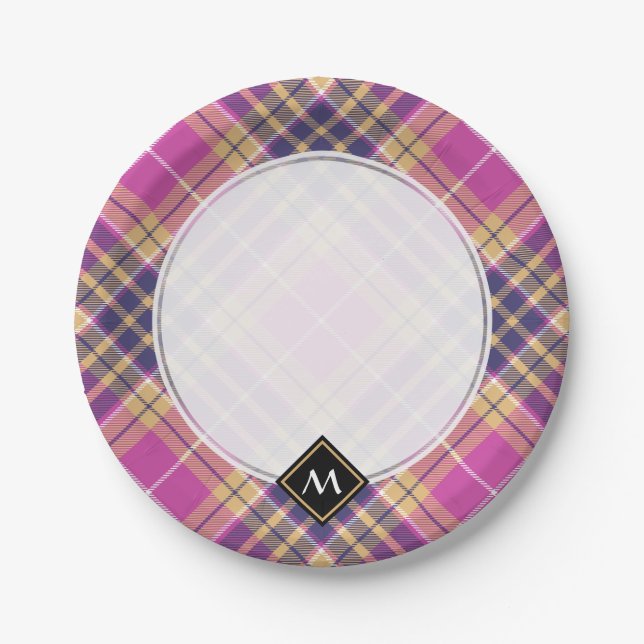 Pink, Gold and Blue Tartan Paper Plates (Front)