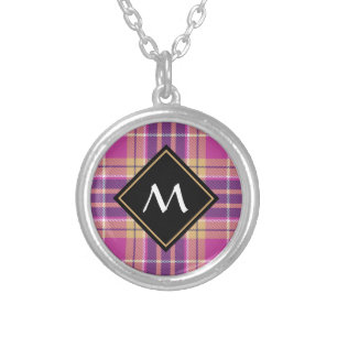 Pink, Gold and Blue Tartan Silver Plated Necklace