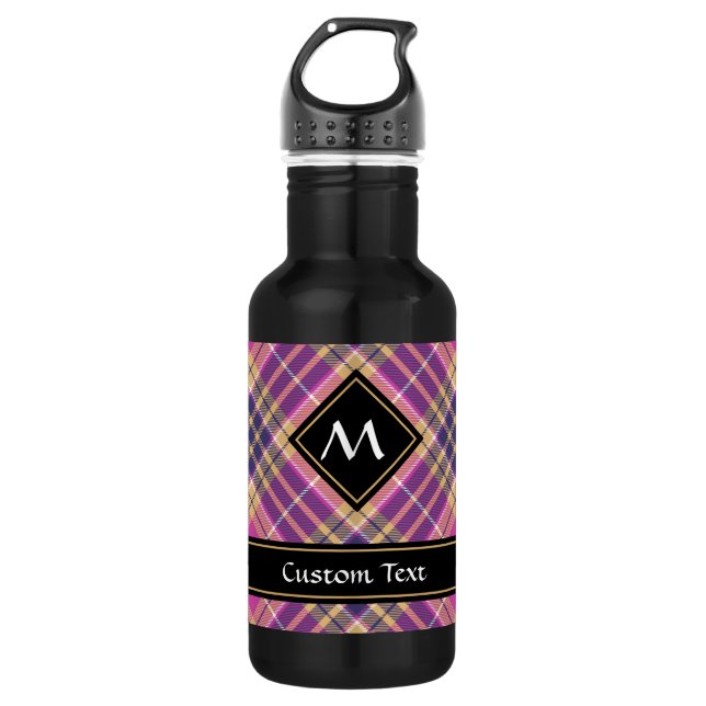 Pink, Gold and Blue Tartan Stainless Steel Water Bottle (Front)