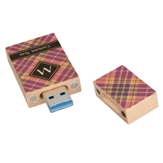 Pink, Gold and Blue Tartan Wood Flash Drive (Angled)