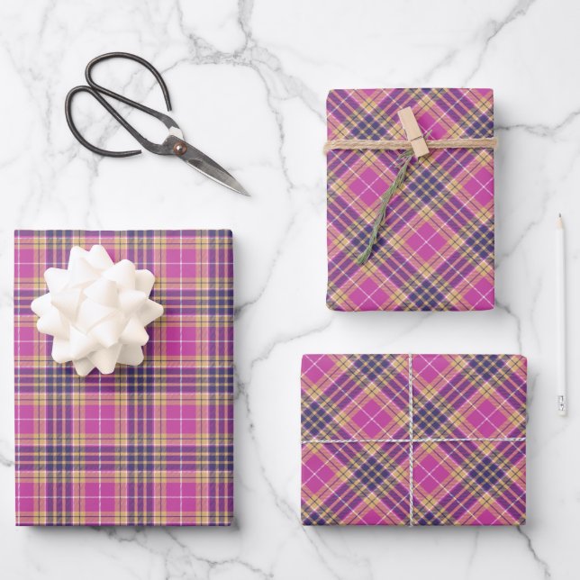 Pink, Gold and Blue Tartan Wrapping Paper Sheets (Front)