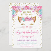 Pink gold and teal floral kitty girl baby shower invitation (Front/Back)