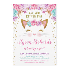 Pink gold and teal floral kitty girl baby shower invitation